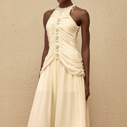 Willa Faux Pearl Halterneck Glitter Ruched Dress in White