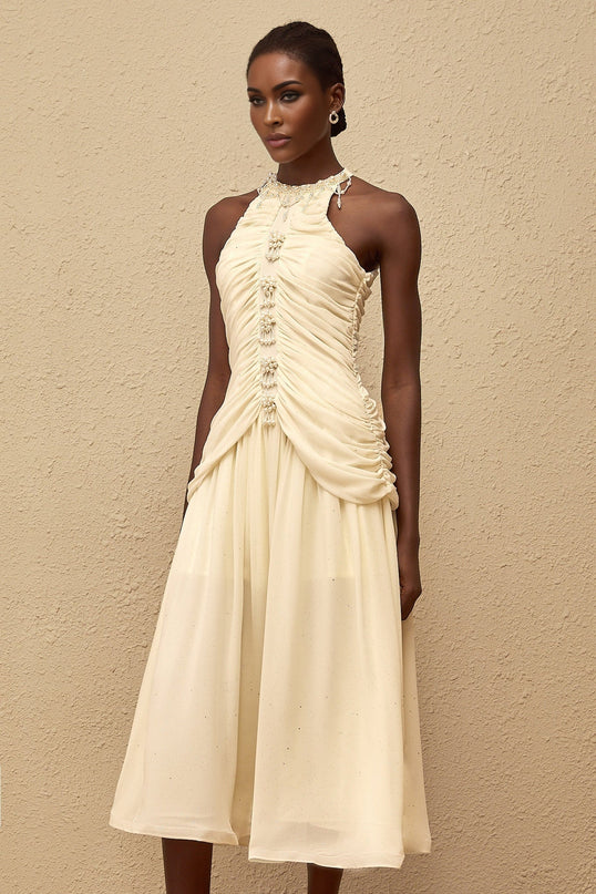 Willa Faux Pearl Halterneck Glitter Ruched Dress in White