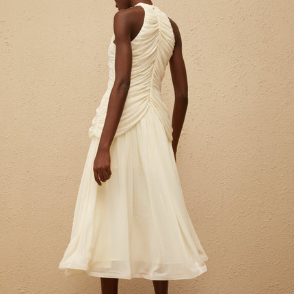 Willa Faux Pearl Halterneck Glitter Ruched Dress in White