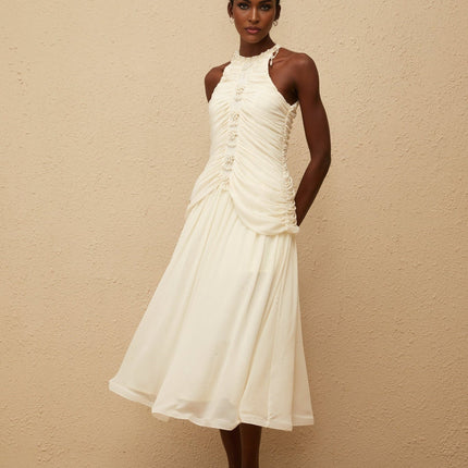 Willa Faux Pearl Halterneck Glitter Ruched Dress in White