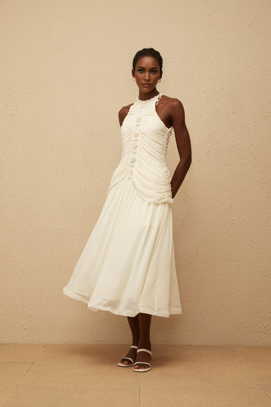Willa Faux Pearl Halterneck Glitter Ruched Dress in White