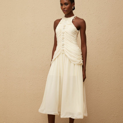 Willa Faux Pearl Halterneck Glitter Ruched Dress in White