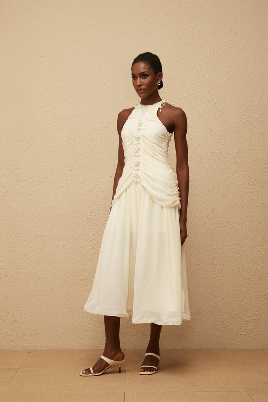 Willa Faux Pearl Halterneck Glitter Ruched Dress in White