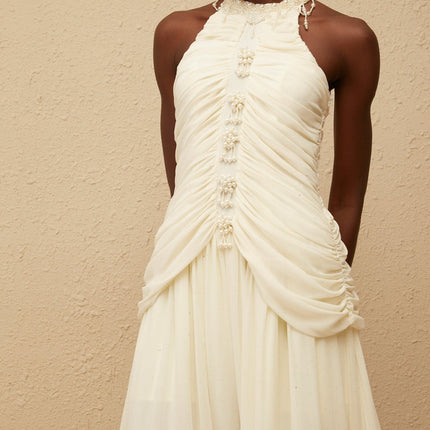 Willa Faux Pearl Halterneck Glitter Ruched Dress in White