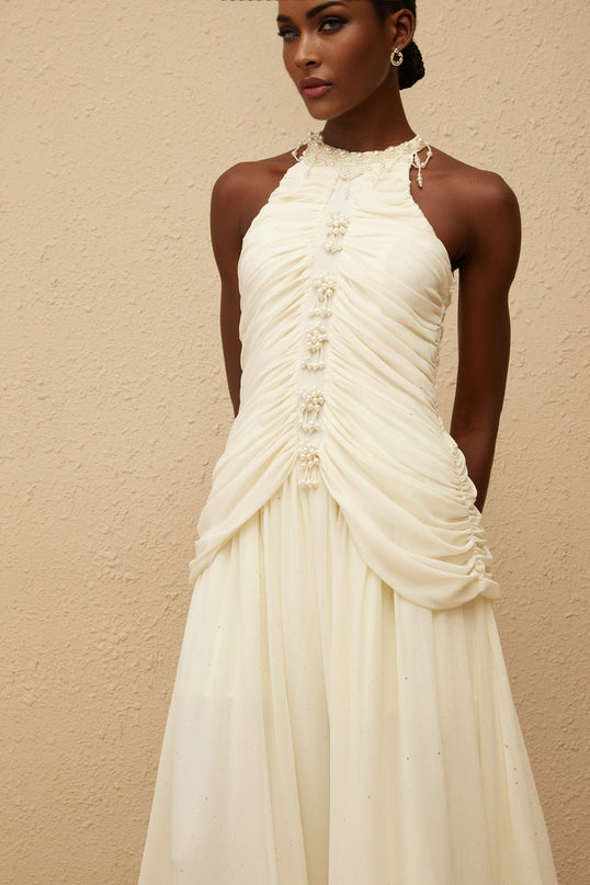 Willa Faux Pearl Halterneck Glitter Ruched Dress in White