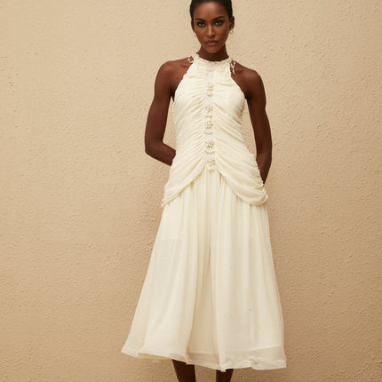 Willa Faux Pearl Halterneck Glitter Ruched Dress in White
