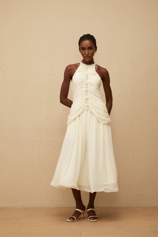 Willa Faux Pearl Halterneck Glitter Ruched Dress in White