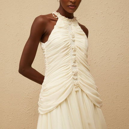 Willa Faux Pearl Halterneck Glitter Ruched Dress in White
