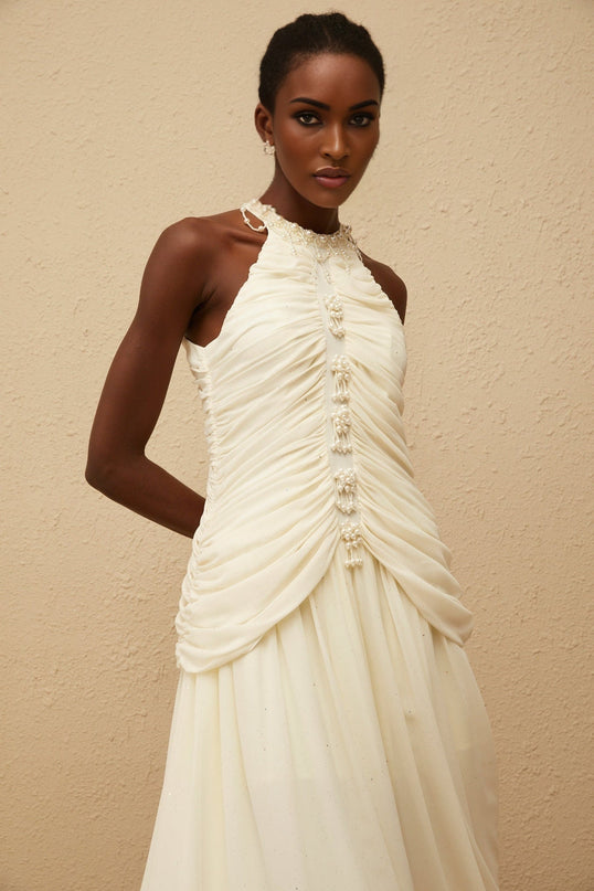 Willa Faux Pearl Halterneck Glitter Ruched Dress in White