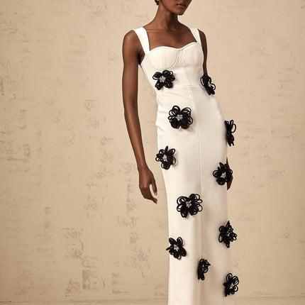 Willa White Floral Maxi Dress with Crystal Embellishment and Color-Blocked Design