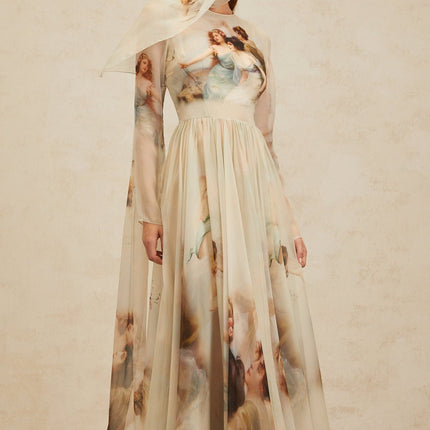 Willa Green Silk Maxi Dress with Graphic Print and Shirred Effect