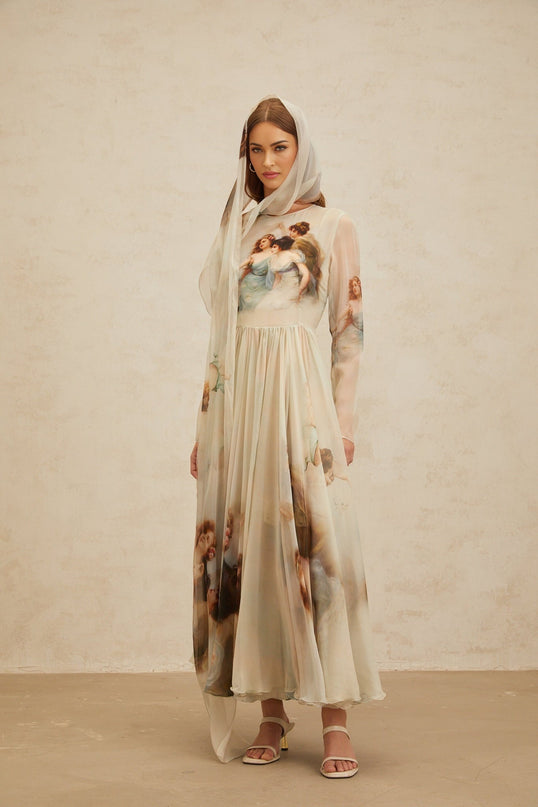 Willa Green Silk Maxi Dress with Graphic Print and Scarf Design