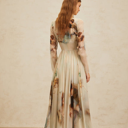 Willa Green Silk Maxi Dress with Graphic Print and Scarf Design
