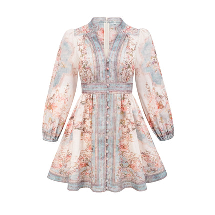 Willa Mini Dress White Blue Floral Print Long Sleeve V-Neckline Cinched Waist