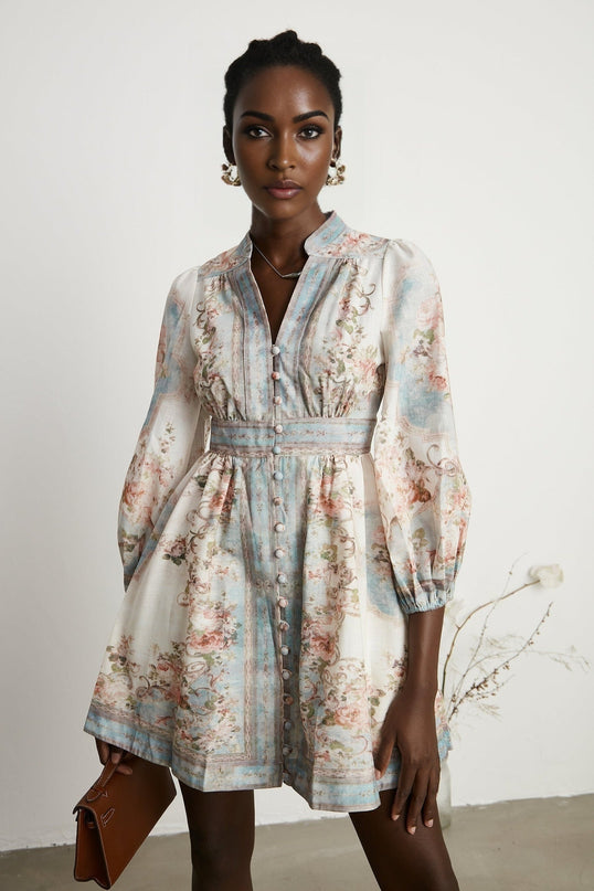 Willa White and Blue Floral Print Mini Dress with V-neckline and Button Fastening