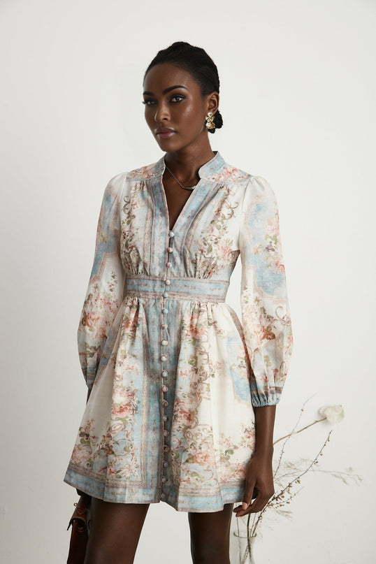 Willa White and Blue Floral Print Mini Dress with V-neckline and Front Button Fastening