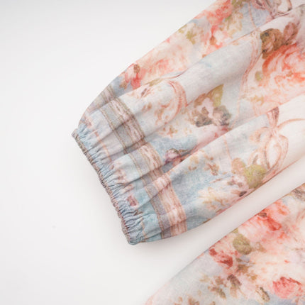 Willa White and Blue Floral Print Mini Dress with V-Neckline and Long Sleeves