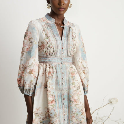 Willa White Blue Floral Mini Dress V-neck Long Sleeve Cinched Waist