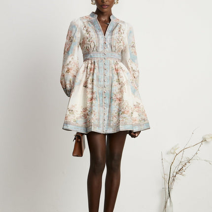 Willa White and Blue Floral Print Mini Dress with V-neckline and Button Fastening