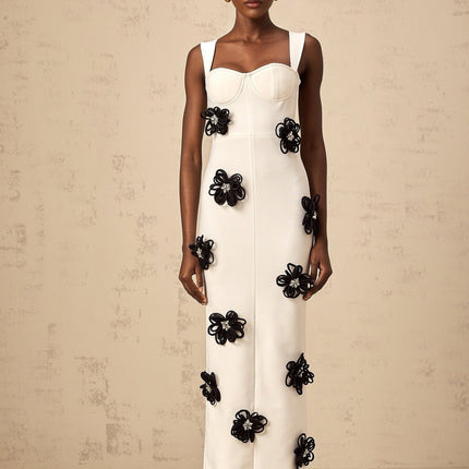 Willa White Floral Maxi Dress with Crystal Embellishment and Color-Blocked Design