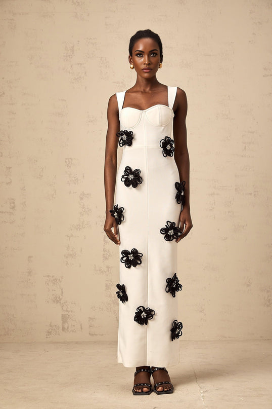 Willa White Floral Maxi Dress with Crystal Embellishment and Color-Blocked Design