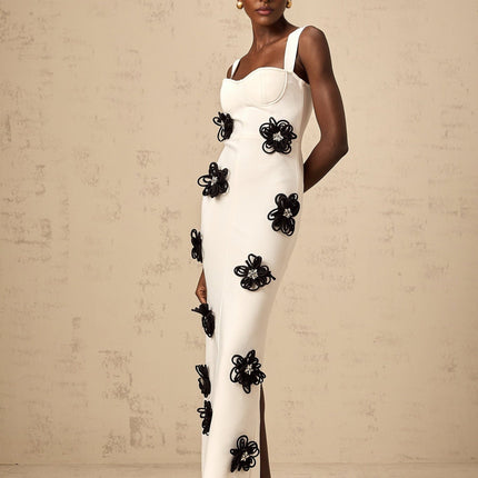 Willa White Floral Maxi Dress with Crystal Embellishment and Color-Blocked Design