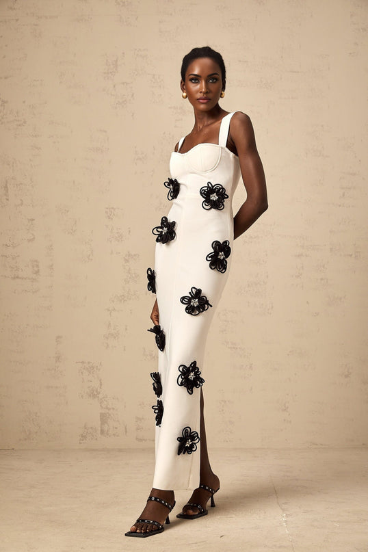 Willa White Floral Maxi Dress with Crystal Embellishment and Color-Blocked Design