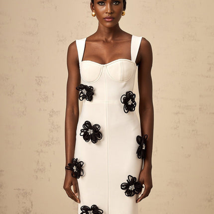 Willa White Floral Maxi Dress with Crystal Embellishment and Color-Blocked Design