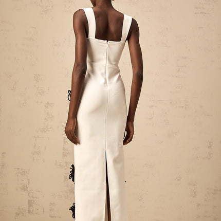 Willa White Floral Maxi Dress with Crystal Embellishment and Color-Blocked Design