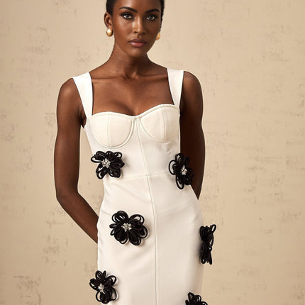 Willa White Floral Maxi Dress with Crystal Embellishment and Color-Blocked Design