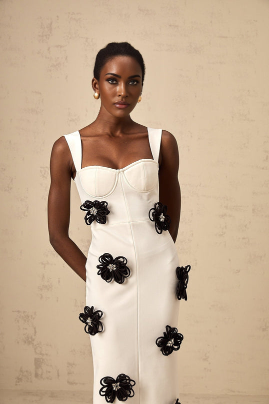 Willa White Floral Maxi Dress with Crystal Embellishment and Color-Blocked Design