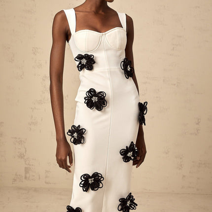 Willa White Floral Maxi Dress with Crystal Embellishment and Color-Blocked Design