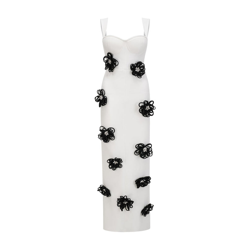 Willa White Floral Maxi Dress with Crystal Embellishment and Color-Blocked Design