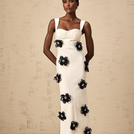 Willa White Floral Maxi Dress with Crystal Embellishment and Color-Blocked Design