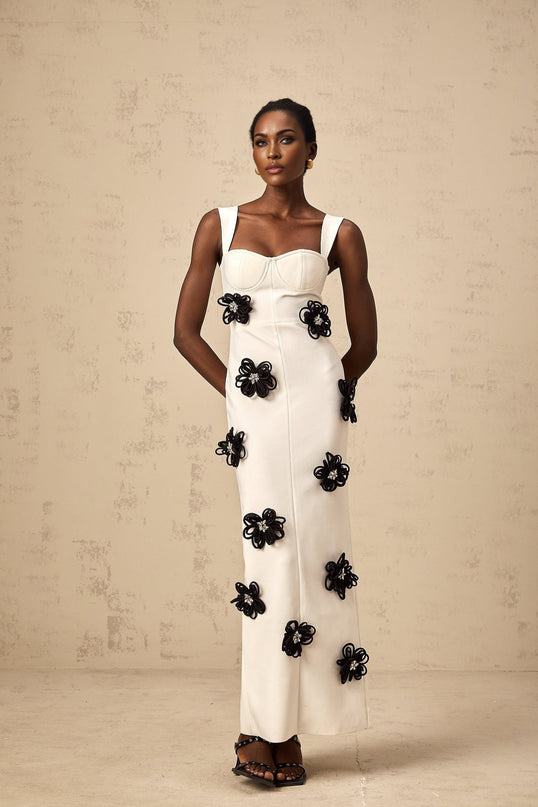 Willa White Floral Maxi Dress with Crystal Embellishment and Color-Blocked Design