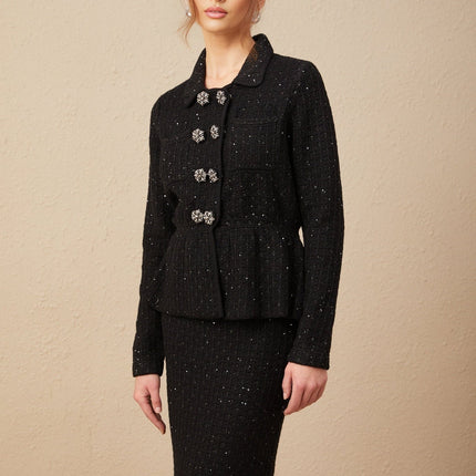 Willow Black Sequined Waffle Knit Jacket Skirt Set