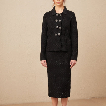 Willow Black Sequined Waffle Knit Set Jacket Skirt