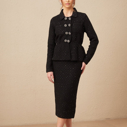 Willow Black Sequined Waffle Knit Set Jacket Skirt