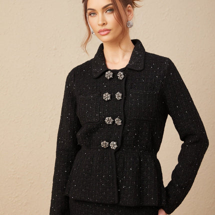 Willow Black Sequined Waffle Knit Set Jacket Skirt
