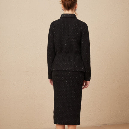 Willow Black Sequined Waffle Knit Set Jacket Skirt