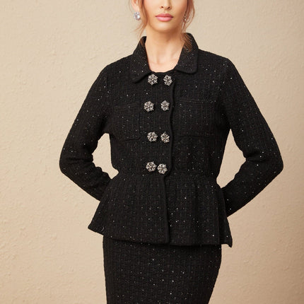 Willow Black Sequined Waffle Knit Set Jacket Skirt
