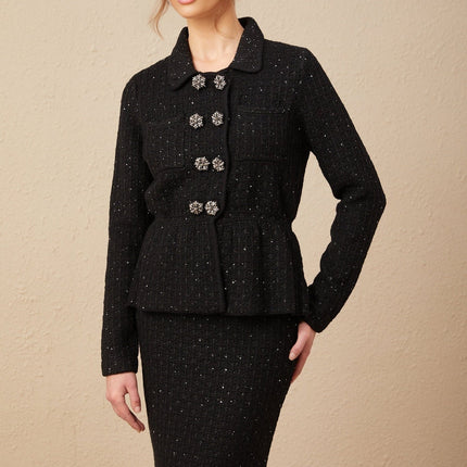 Willow Black Sequined Waffle Knit Set Jacket Skirt