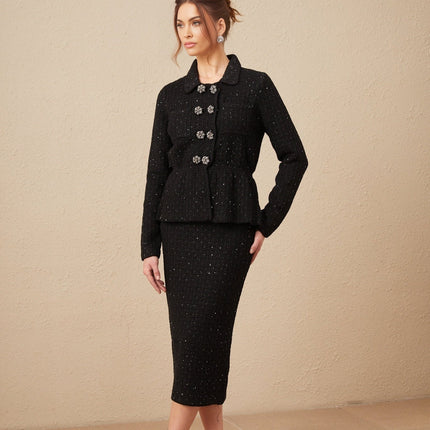 Willow Black Sequined Waffle Knit Set Jacket Skirt