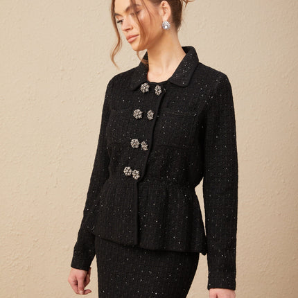 Willow Black Sequined Waffle Knit Set Jacket Skirt