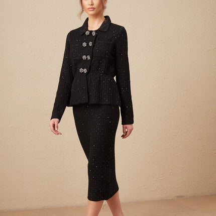 Willow Black Sequined Waffle Knit Set Jacket Skirt