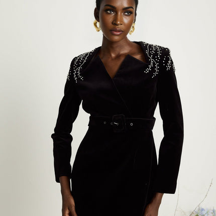 Willow Black Velvet Crystal Belt Mini Dress Long Sleeve V-Neck Thigh Length
