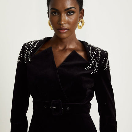 Willow Black Velvet Crystal Belt Mini Dress