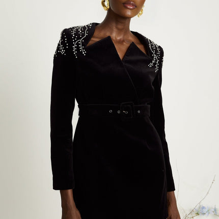 Willow Black Velvet Crystal Belt Mini Dress