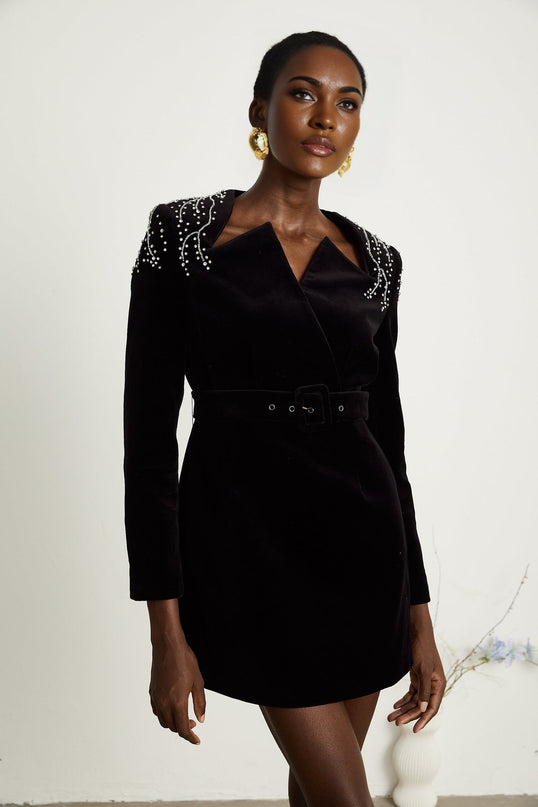 Willow Black Velvet Crystal Belt Mini Dress