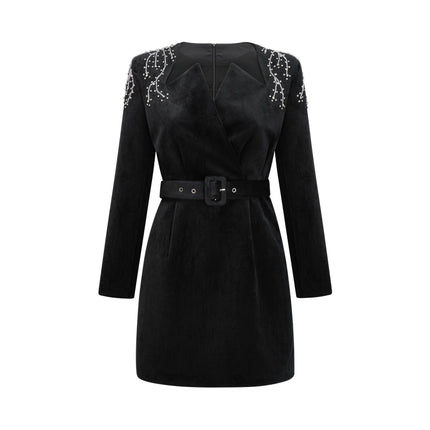Willow Black Velvet Mini Dress Crystal Belt Long Sleeve V-Neck Thigh Length